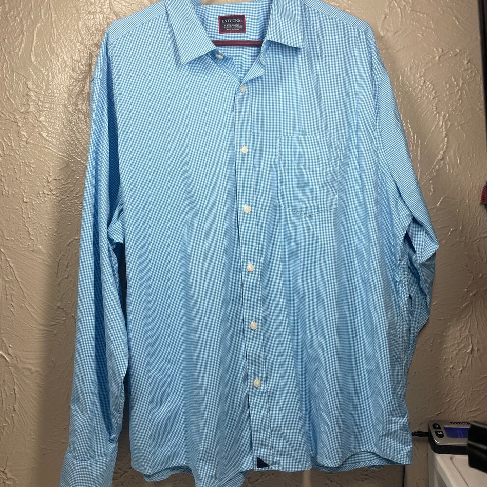 UntuckIt Blue White Long Sleeve Button Up Check Business Career Shirt Mens 3XL